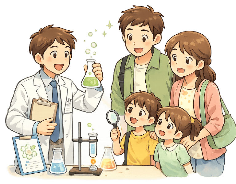 研究員と家族の科学体験の様子