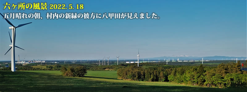 2022.05.18：五月晴れの朝、村内の新緑の彼方に八甲田が見えました
